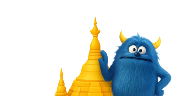 クーシーのキャラクターがミャンマーのパゴダの横に立っているイラスト
