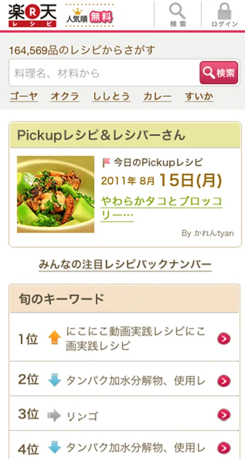 楽天レシピWebサイトページモバイル