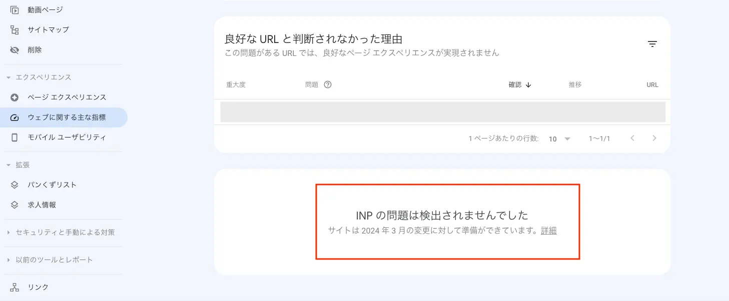 サーチコンソール 「ウェブに関する主な指標」