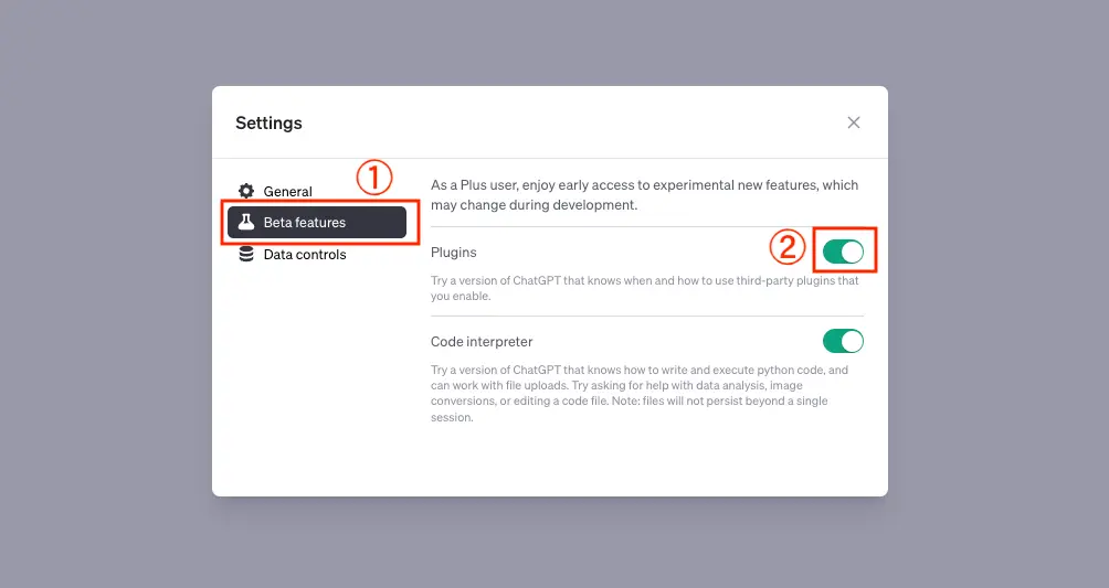 ①「Beta features」を選び、Pluginsのトグルを②「ON」に