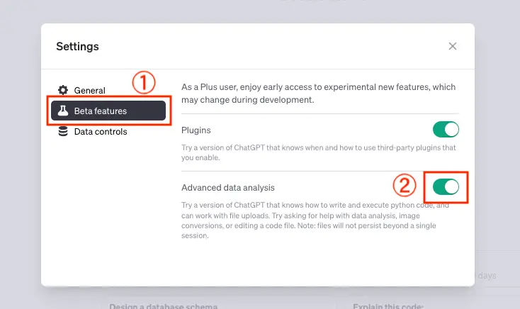 「Beta features」を選択し、「Advanced data analysis」のトグルをON