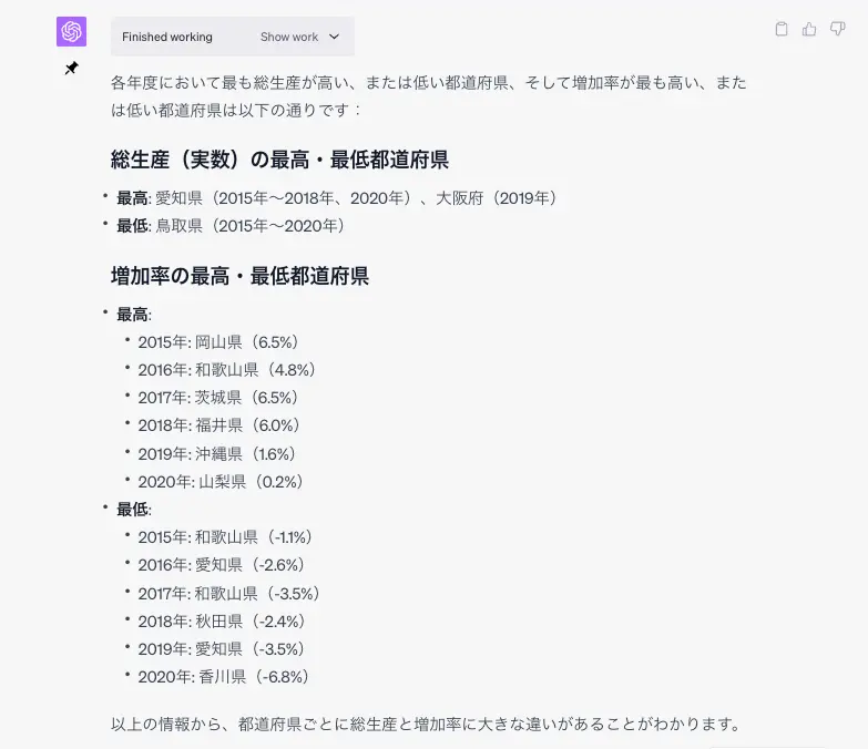各年度で総生産や増加率がもっとも高い／低い都道府県
