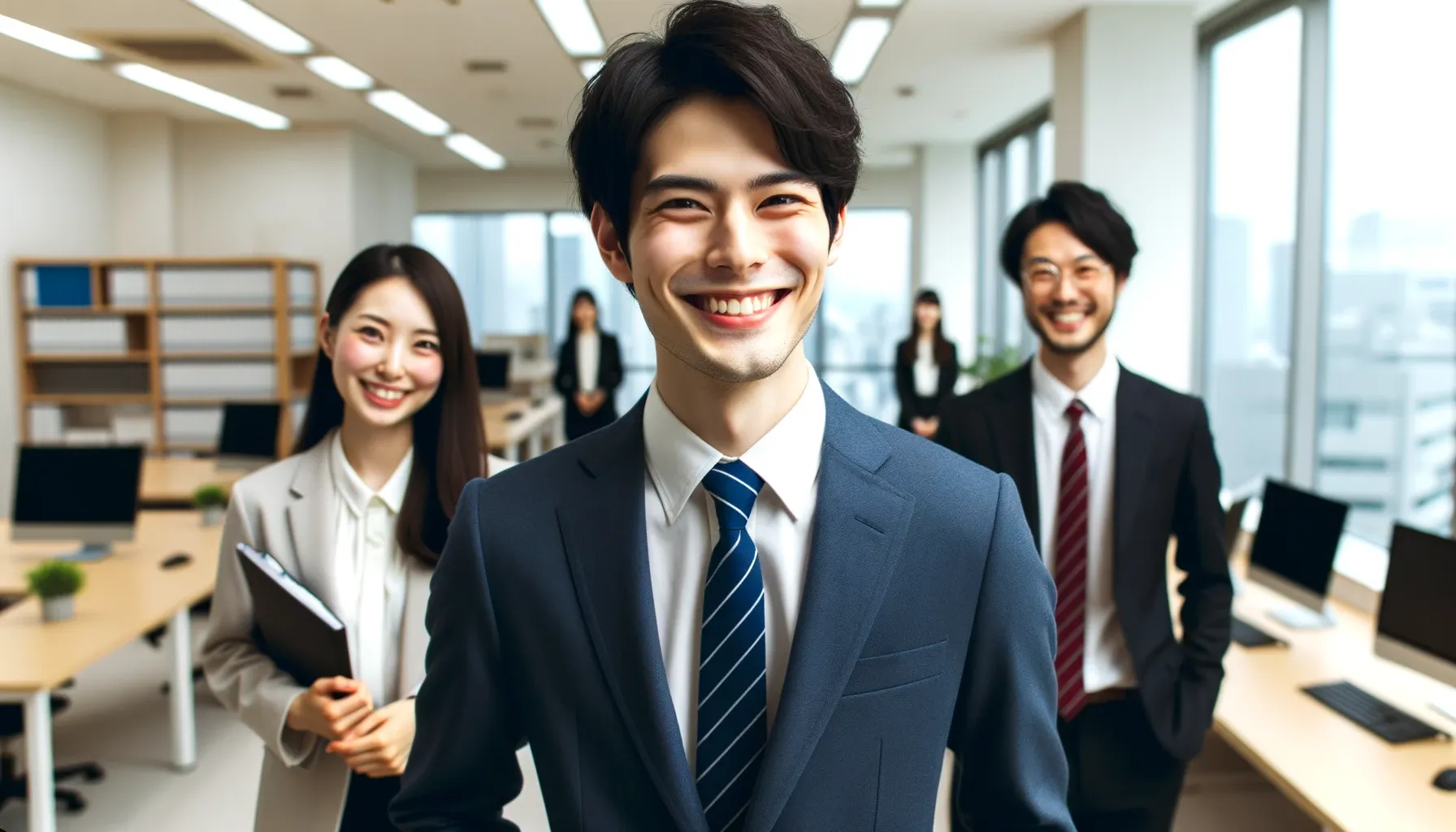 仲間と笑顔で社内を歩いている画像
