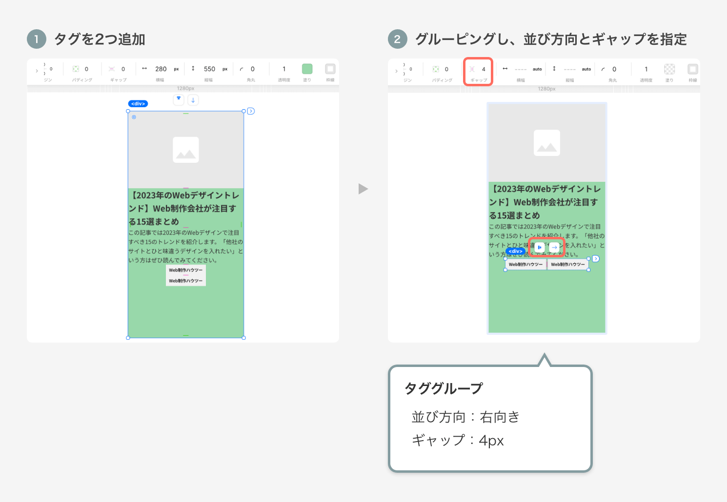 タグをグルーピングし並び方向とギャップを指定